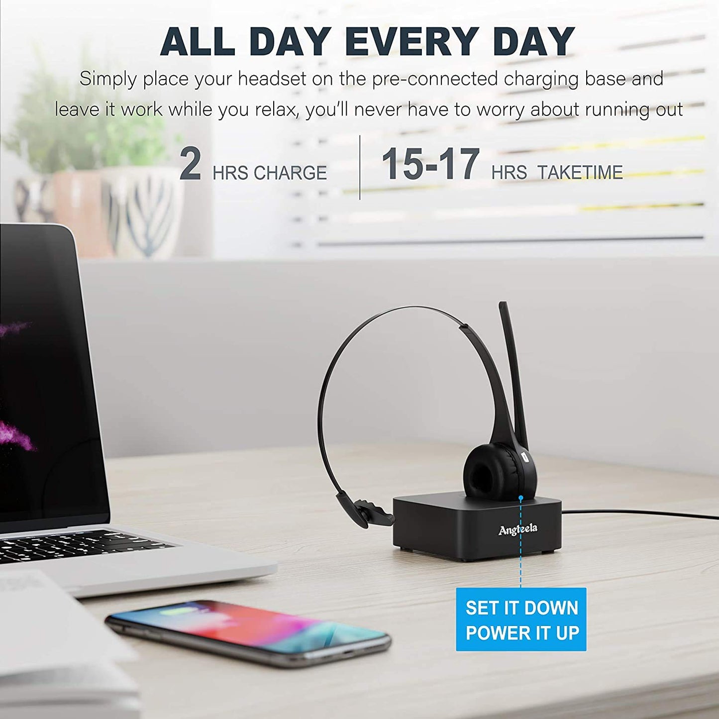 Angteela Trucker Bluetooth Headset with Microphone, Wireless Cell Phone Headset with Noise Canceling Mic Charging Base Mute Function for Home Office Call Center Skype (Black&Silver)