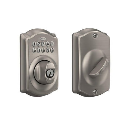 Schlage Camelot Electronic Keypad Deadbolt Lock, Keyless Front Door Entry, Mechanical Key Backup Included, Satin Nickel, BE365 V CAM 619