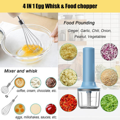 4-in-1 Electric Hand Mixer, Electric Whisk, Mini Onion Chopper 10Oz, Small Cordless Hand Blender, Milk Frother Wand for Coffee, Matcha, 4 Speed Rechargeable Food Processor for Baby Food Maker