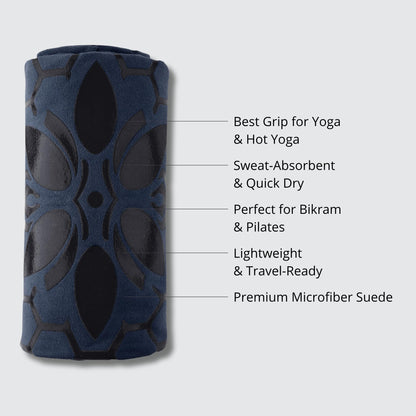 Clever Yoga Hot Yoga Mat Towel – Non-Slip Grip for Hot Yoga, Sweat Absorbent, Honeycomb Silicone Grip, Stays Flat – Ideal for Pilates, Travel, Washable & Lightweight - Dark Blue