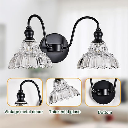 2-Light Modern Wall Sconce Black Wall Light Fixtures Made of Metal Body and Pressed Patterned Glass with Unique Design Vanity Light for Bedroom, Bathroom, Doorway, Farmhouse