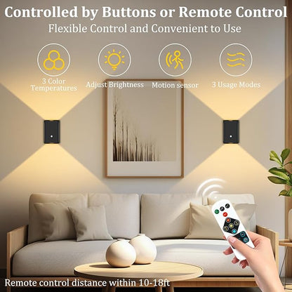 Eneru Rechargeable Motion Sensor Night Light: 5000mAh Black Battery Operated Wall Sconce with Remote Control, 3 Colors Wireless Stair Lights Indoor, Magnetic LED Night Lamp for Bedroom Hallway Closet