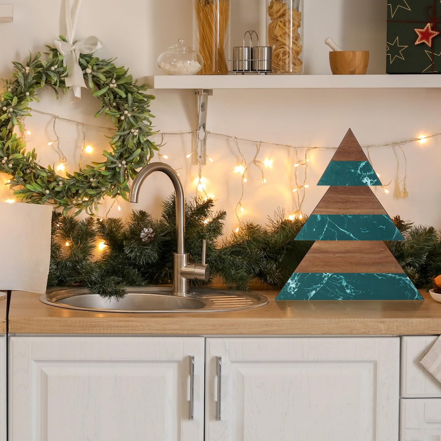 Reallnaive Green Christmas Tree Marble Cheese Board Charcuterie Cutting Tray Marble Serving Decorative for Decoration Charcuterie Kitchen