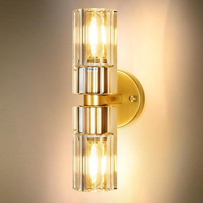 Gold Wall Sconce, Modern Bathroom Sconces Wall Lighting Vanity Light Fixtures with Clear Crystal, Hardwired Brushed Brass Wall Mount Lights for Living Room Corridor Mirror Bedroom Stairs