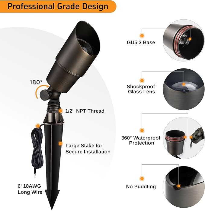 Gardenreet Brass Landscape Lighting - Outdoor Low Voltage Spotlights LED, 12V Wired Uplights, Waterproof Spot Lights, Antique Bronze for Outside Trees with 5W 5000K Daylight MR16 Bulb (4 Pack)