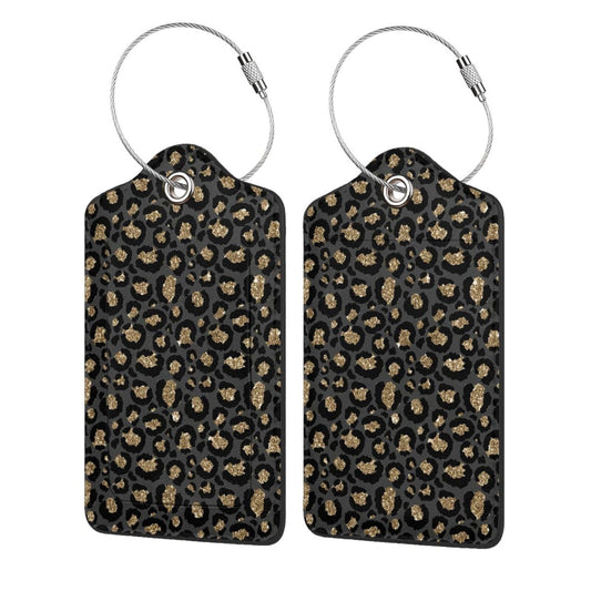 2 Pack Luggage Tags for Suitcases, PU Leather Bag Tag with Privacy Cover Address Card Travel Essentials-Black Gold Leopard Cheetah