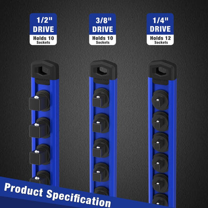 WORKPRO Magnetic Socket Organizer Set, 3-Piece Aluminum Alloy Socket Rail, Heavy Duty Socket Holder, Socket Rack Kit 1/4-Inch x 12 Clips, 3/8-Inch x 10 Clips, 1/2-Inch x 10 Clips (Blue)