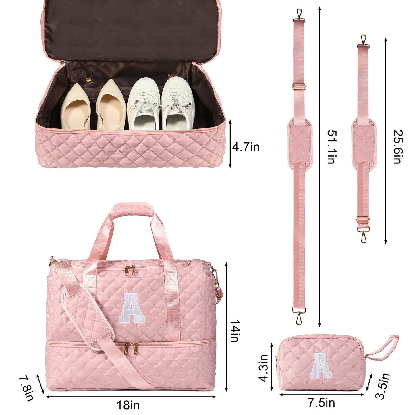 Personalized Initial Travel Bag, Quilted Duffle Bag, Weekender Bag for Women with Cosmetic Bag, Gym Bag with Shoe Compartment, Carry on Overnight Bag, Hospital Bag for Labor Delivery (Pink, A)