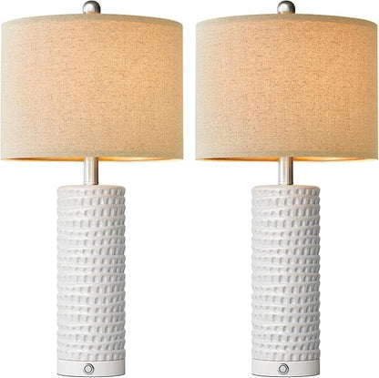 PORTRES 24" Modern Ceramic 3-Way Dimmable Touch Table Lamp Set of 2 for Bedroom White Farmhouse Bedside Lamps with USB A+C Charging Ports for Living Room Nightstand Lamp End Table Lamps