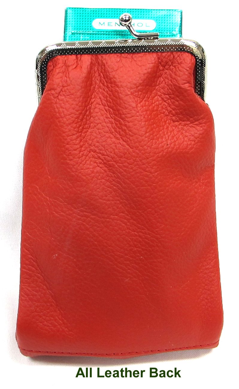 Deluxe Genuine Leather Cigarette and Lighter Case with Zipper Pocket Twist Clasp Kiss Lock Closure Fit 100's -Red