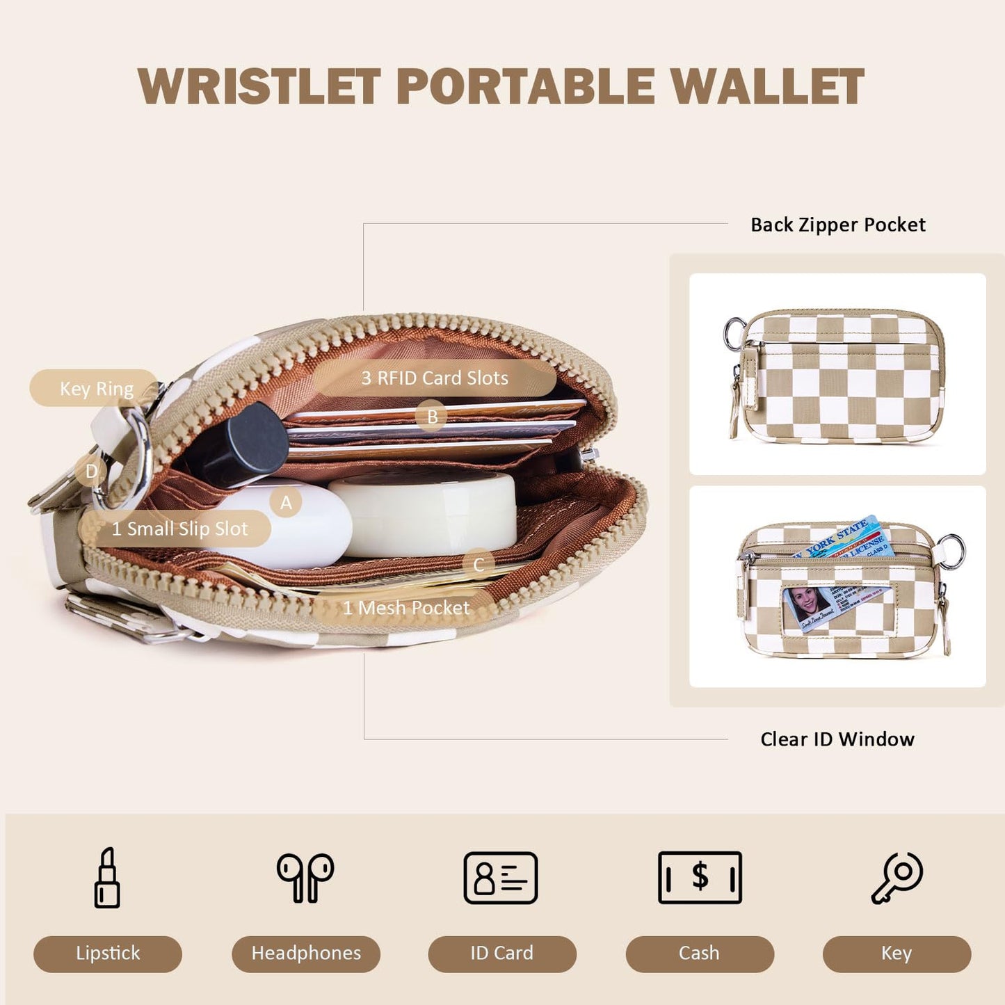 POIUGOYA Keychain Wristlet Wallet,Dual Pouch Wristlet Portable,Nylon RFID Coin Purse Small Wallet with key ring,ID Window