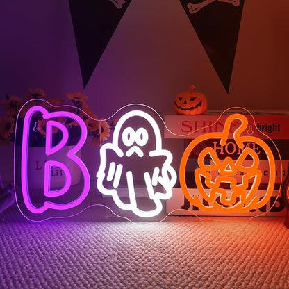 BOO Neon Sign, Halloween LED Wall Light with Ghost Pumpkin Neon Decoration for Halloween Party, Home, Bar