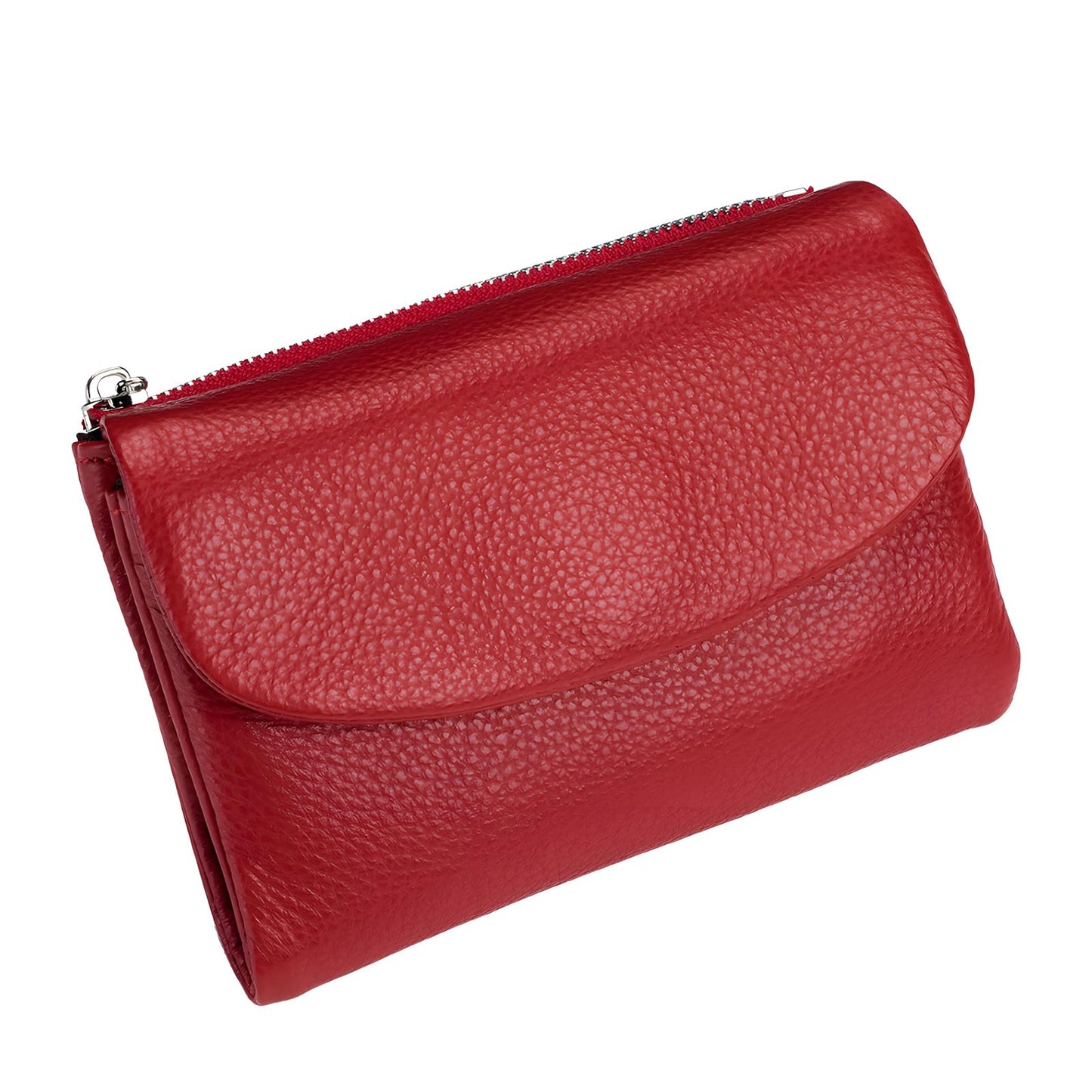 Unisex Pebble Leather Wallet, 5.3In Short Genuine Leather Coin Card Holder, Two zippered pockets, Unisex Clutch Bags, Can Hold Coins, Cards, Id Cards (Red)