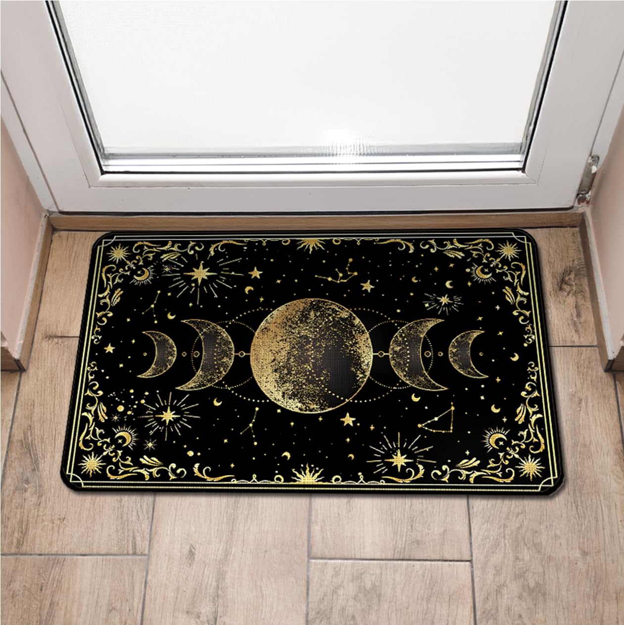 WARDOS Mystical Gold Boho Triple Moon Door Mat, Witchy Celestial Sun and Moon Astrology Doormats for Front Door Outdoor Indoor Entrance Entryway, Witch Stars Aesthetic Area Rug Bath Mats, 17x30 Inch