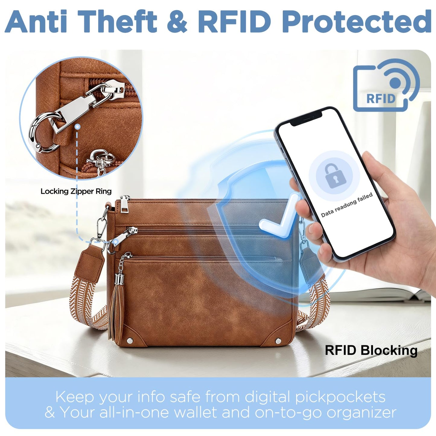 Fiiuos Anti Theft Crossbody Purse for Women RFID Crossbody Bags for Travel, Vegan Leather Cross Body Bag with Built-in Wallet for Work & Daily Use, Hands-Free Shoulder Purse with Tassel Brown