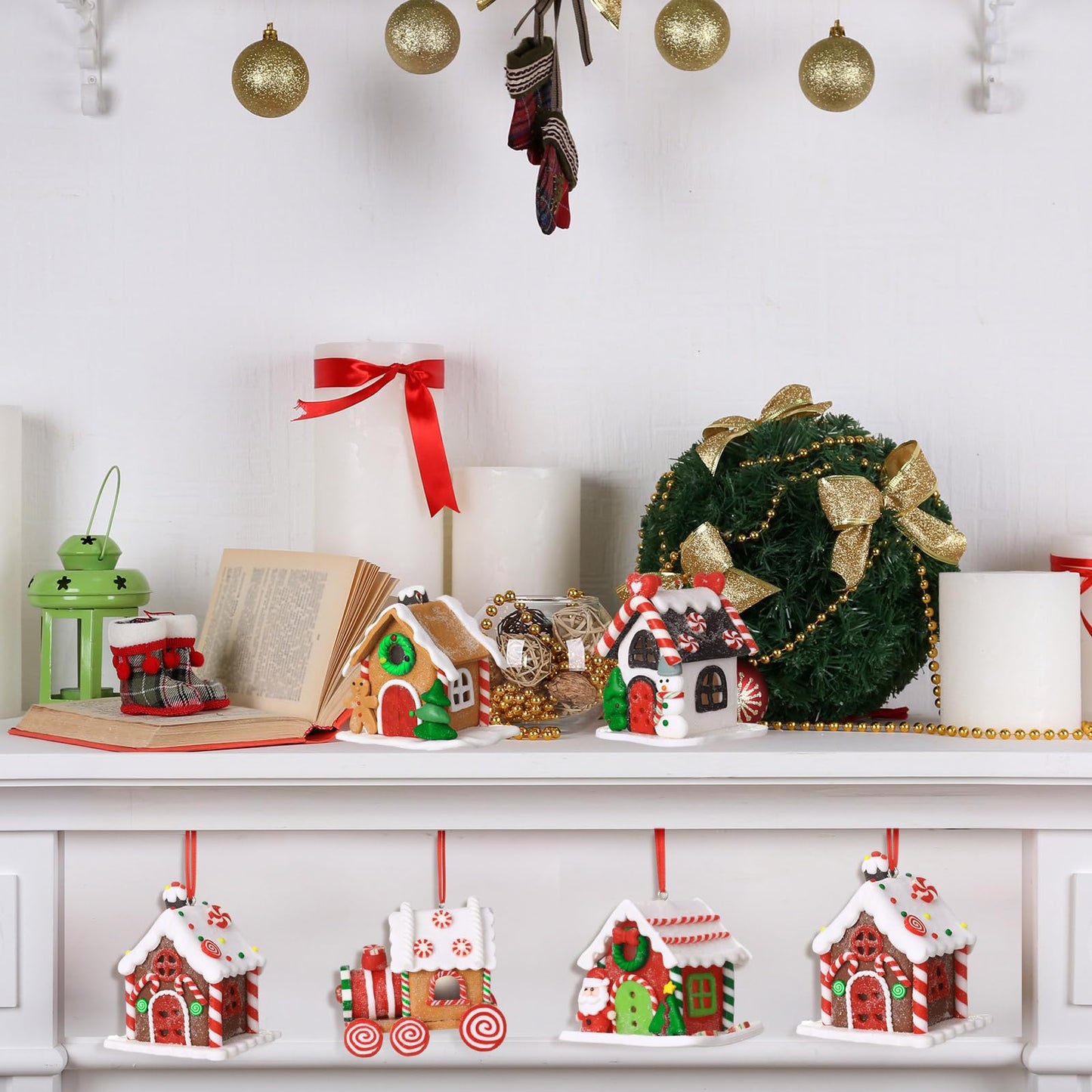 Funtery 6 Pcs Gingerbread House Ornaments for Christmas Tree Gingerbread Christmas Decor with Rope Xmas Hanging Ornaments for Tree Holiday Party New Year Home Decorations (Lovely Style)