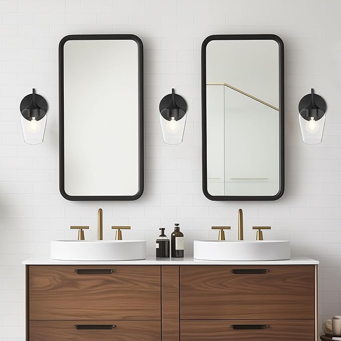 Hamilyeah Black Wall Sconces Set of Two, Farmhouse Sconces Wall Lighting Hardwired, Bathroom Vanity Lighting with Clear Champagne Glass Shade, Indoor Wall Lamp for Kitchen Stairway Living Room