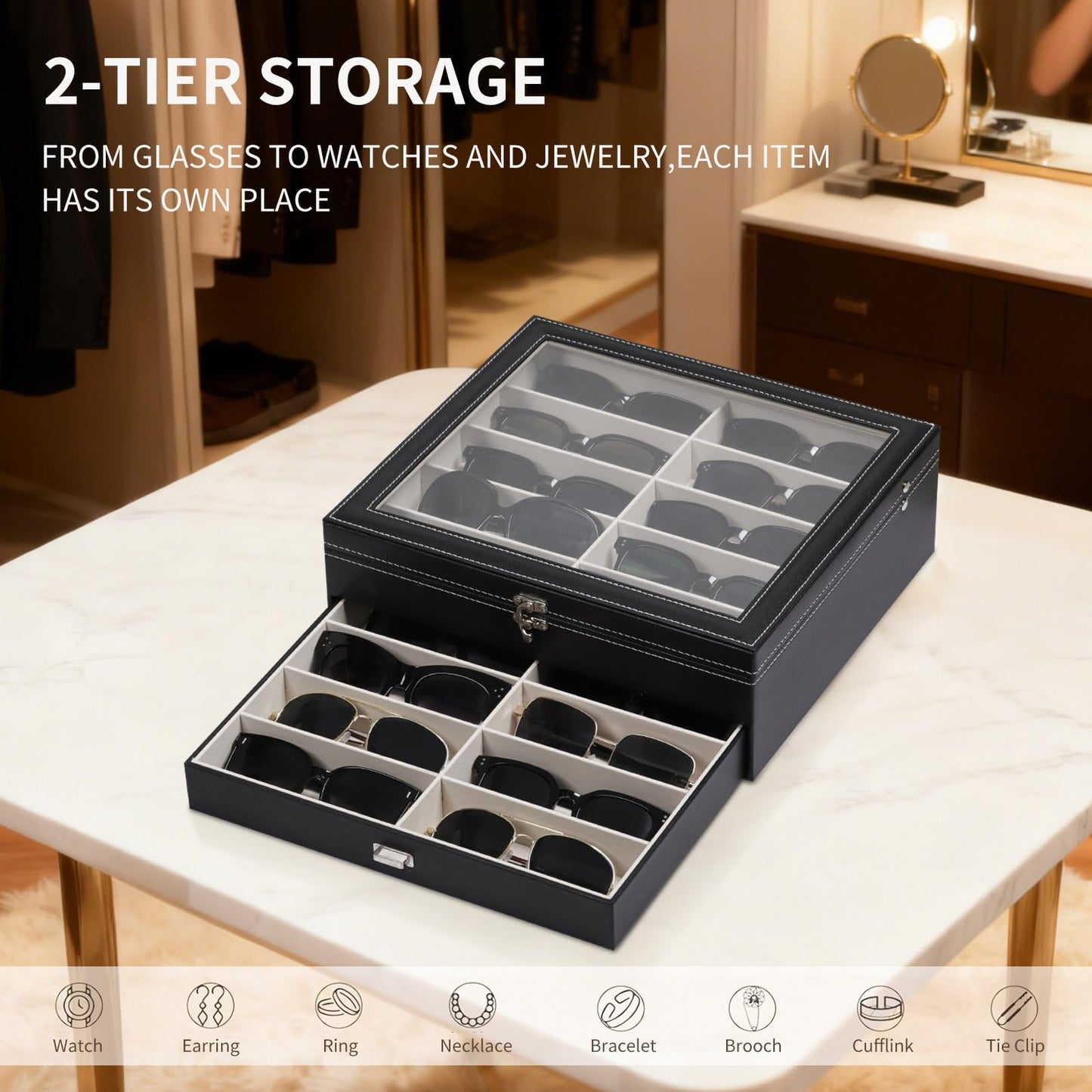 AUTOARK 2-Tier Lockable Glasses & Jewelry Organizer Case with Glass Top,20 Capacity PU Leather Display Box for Sunglasses,Watches,Rings,Ideal Gift for Home Office,Black,MKAW-301