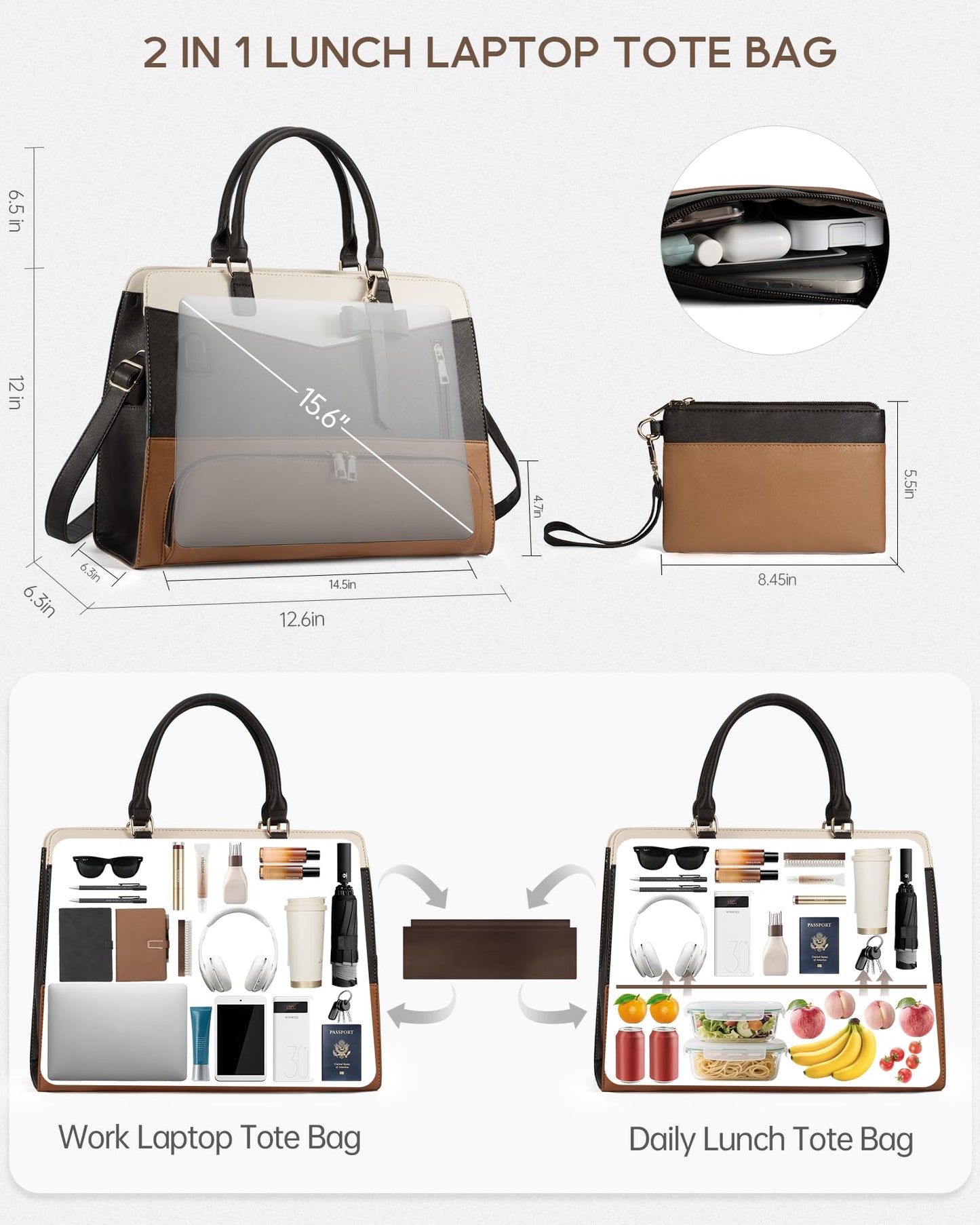 Tiostep Lunch Tote Bag for Women 2 in 1 Laptop Work Bag with Lunch Insulated Compartment and Purse Combo Leather Crossbody Bag (Black Brown)