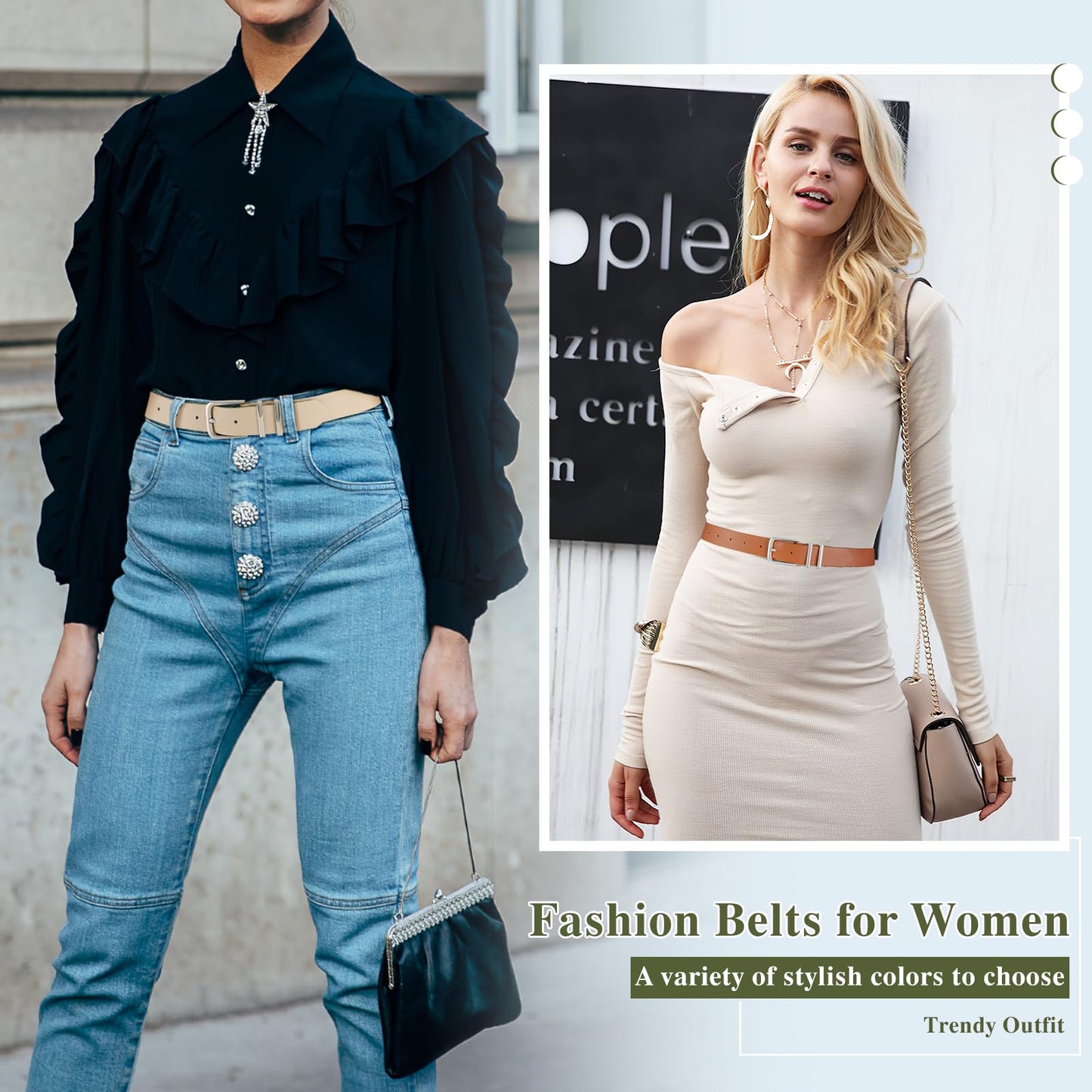 3 Pack Women's Belts for Jeans Pants Dresses Fashion Ladies Leather Waist Belt with Buckle Leather Belts,Black Beige Brown,M