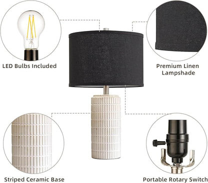 23'' Set of 2 Modern Ceramic Table Lamps, Minimalist Bedside Lamp, Rustic Nightstand End Table Lamp for Bedroom, Living Room, Study Room, Office, 2 LED Bulbs Included (Black)