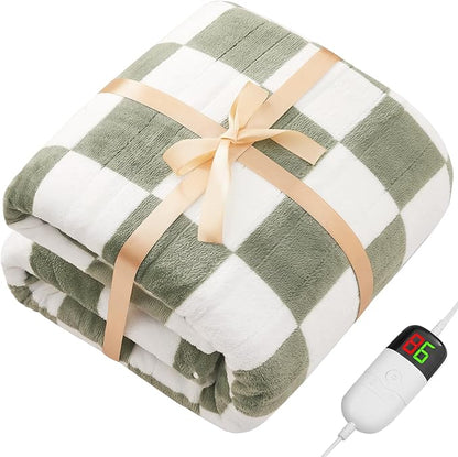 Sage Green Heated Throw Blanket Electric, 50X60 Heating Blanket with 10 Heat Levels & 8 Hours Auto Off for Lap, Checkered Plaid Soft Sherpa Blankets Warmer Gifts for Couch Grandma Women Adults