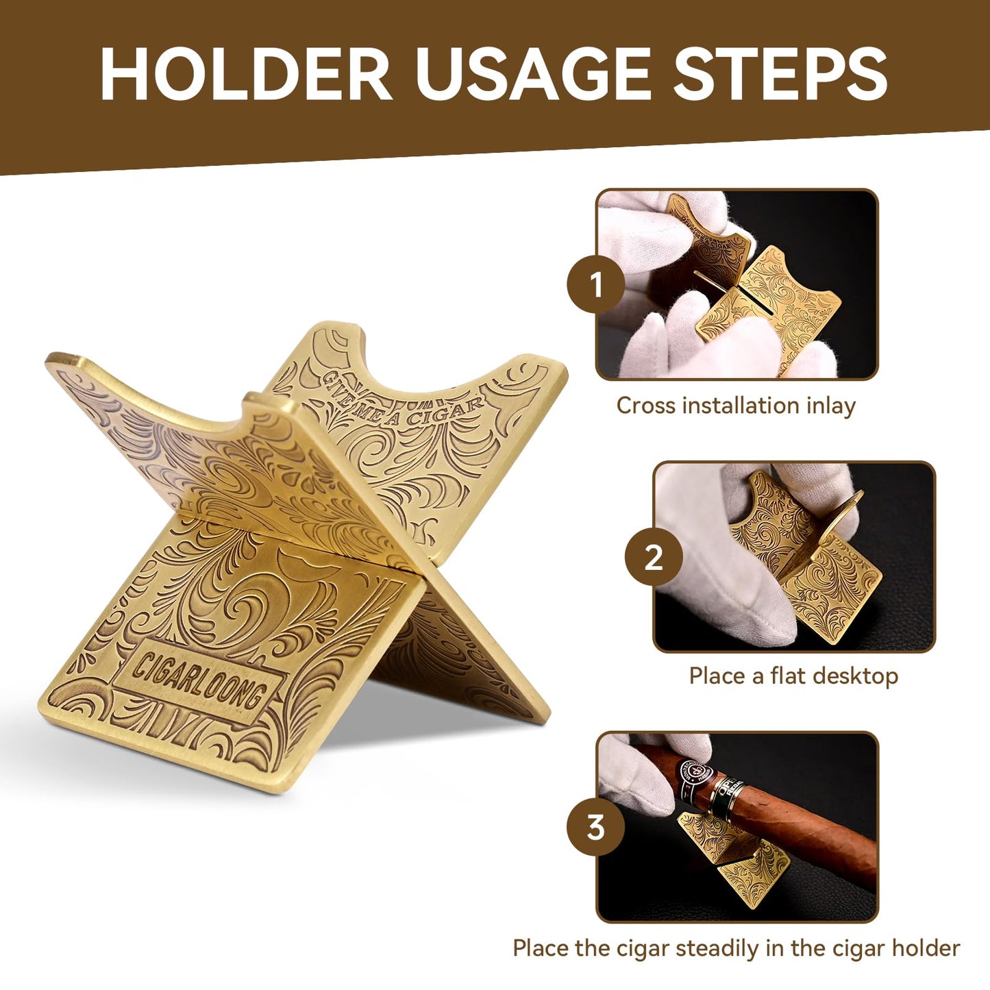 Cigar Stand Rest,Portable Detachable Cigar Stand Holder with PU Leather Case for Travel Outdoor Indoor,Gift for Men (Bright gold)