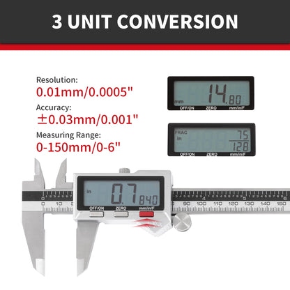 6 inch Stainless Steel Digital Caliper (IP54) & Stainless Steel Rule Set, Easy Switch from Inch/Metric/Fraction, Splash-Proof Protection with Large LCD Display – DIY/Household