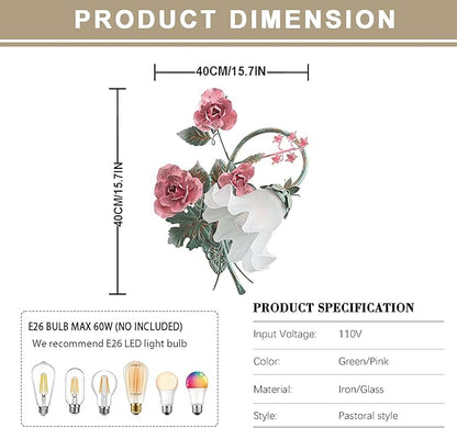 Vintage Floral Wall Sconce,Metal Wall Lamp with Glass Lampshade,Mounted Wall Lights for Bedroom Living Room Corridor Vanity Hallway E26 Wall Art Scones 40 * 40Cm Left