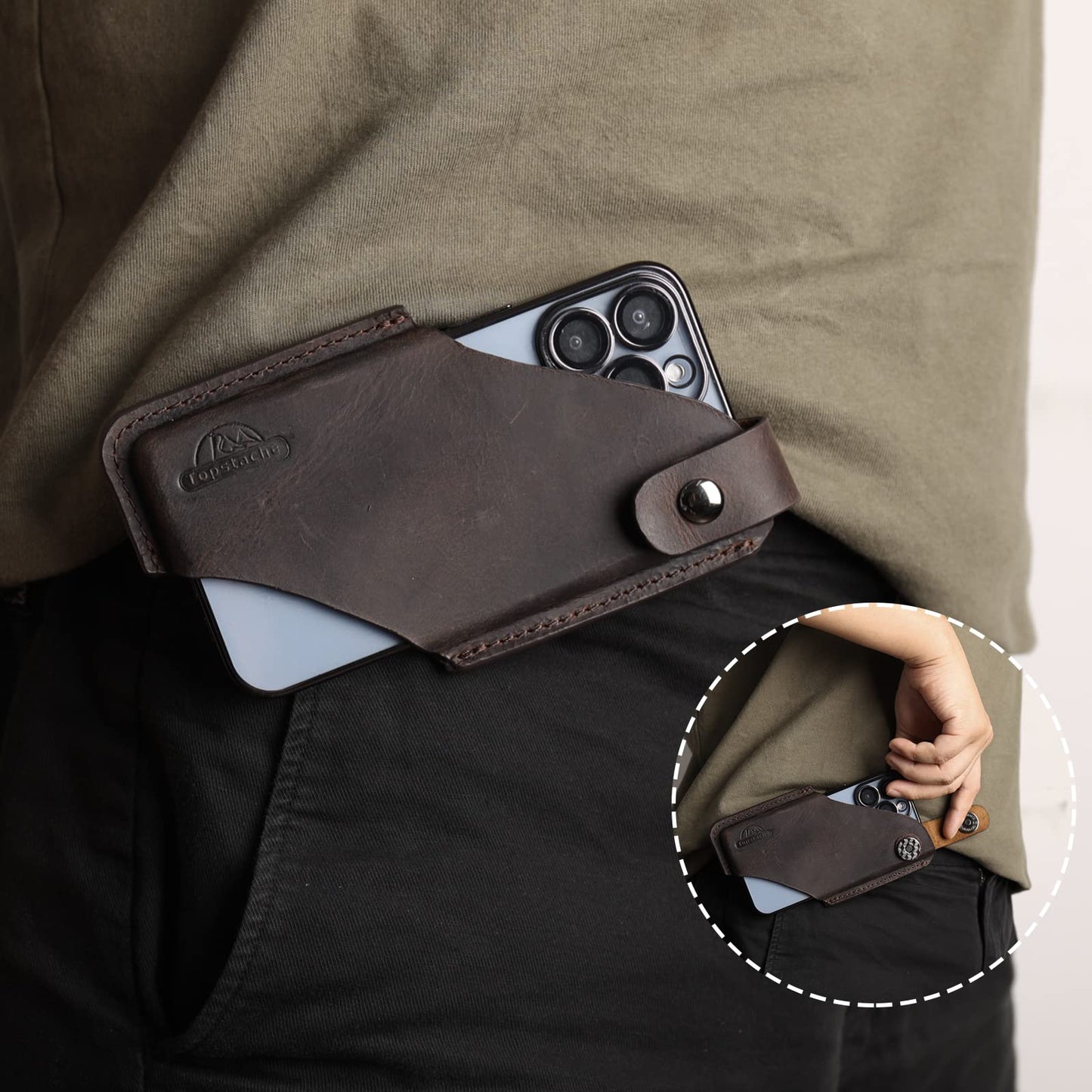 Topstache Leather Phone Holster with Belt Clip for iPhone 17/16/15 Pro Max & Plus - Magnetic Closure Cell Phone Case for Galaxy S25/S24 Ultra - Leather Belt Holder Loop Case, L,Darkbrown