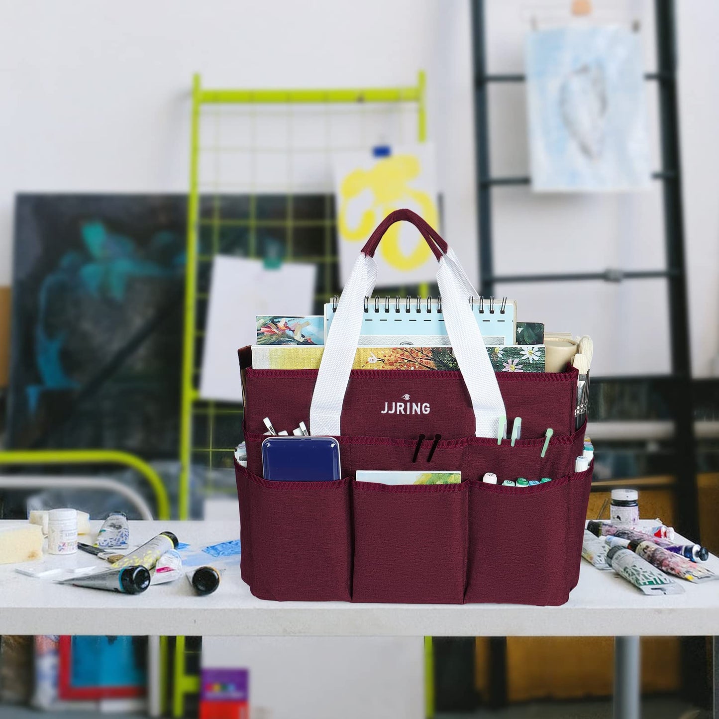 JJRING Craft Organizer Tote Bag, Large Art Storage Caddy with Multiple Pockets, Dark Red Sewing Bag for Art, Craft, Scrapbooking, Medical, and Office Supplies Storage