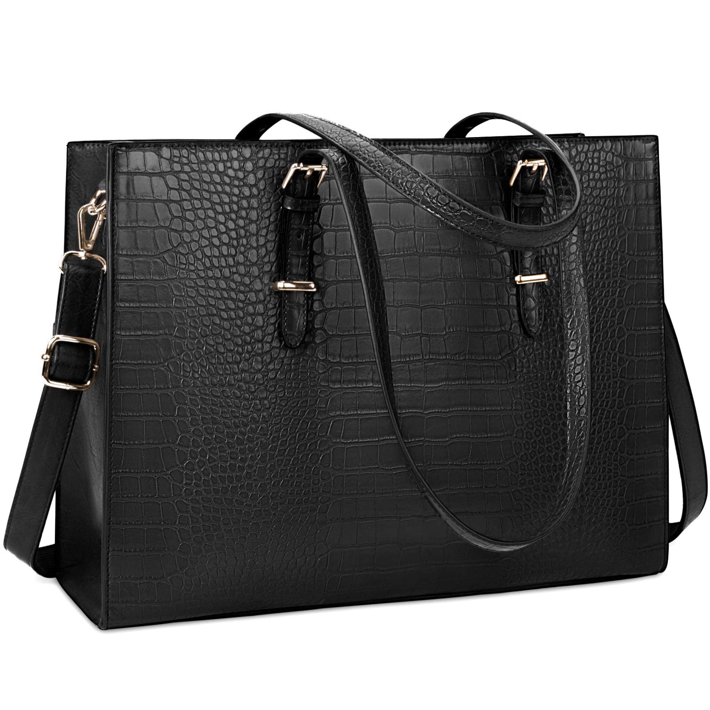 Laptop Bag for Women 15.6 Inch Crocodile Leather Tote Bag Water-resistant Work Briefcase Business Computer Shoulder Bag for Travel Teacher Nurse Professional Handbag,Black
