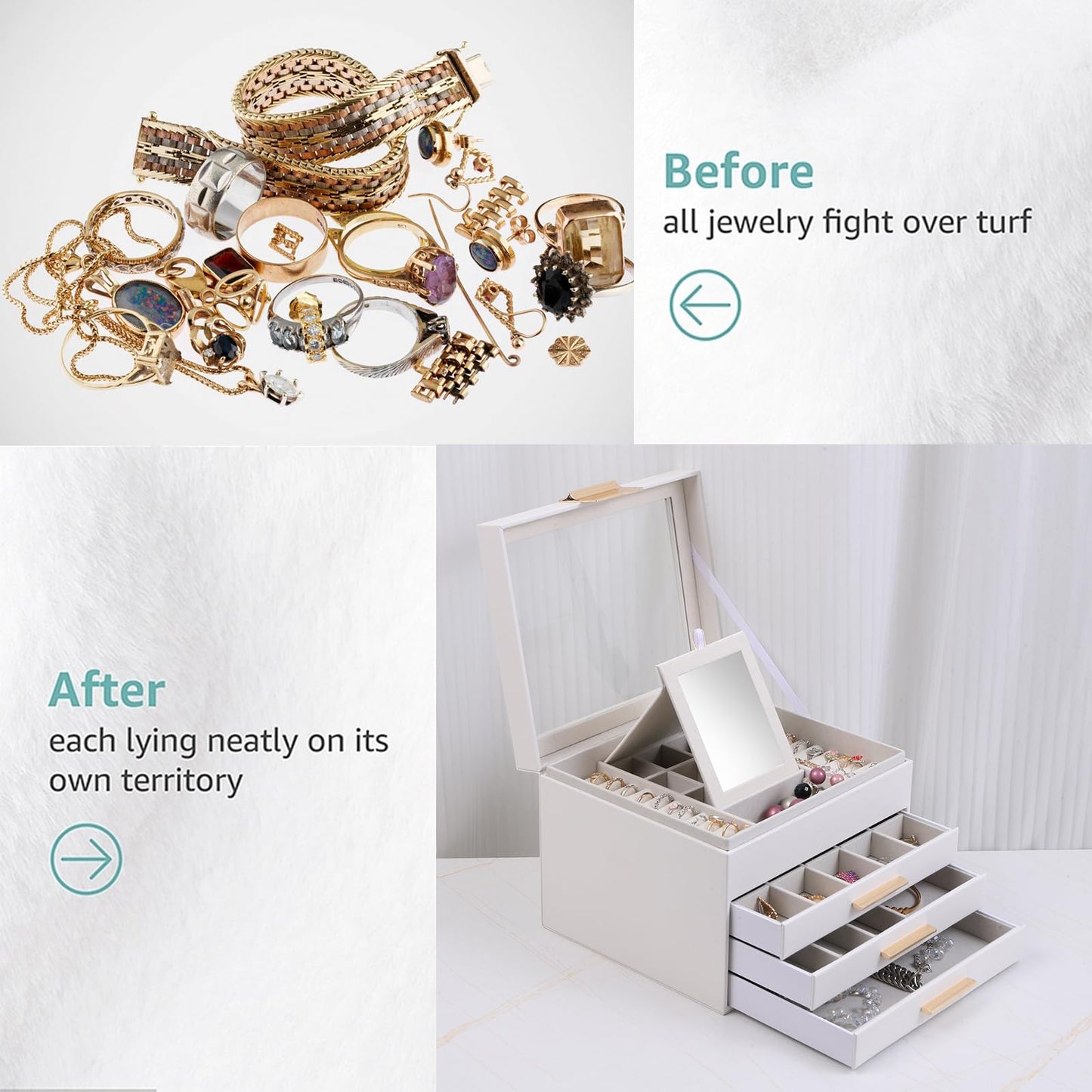 BOOVO Clear Lid Jewelry Box,3 Layers Jewelry Organizer Large Jewelry Storage Box with 2 Drawers,Jewelry Holder Organzier of Rings Earrings Necklace Bracelets for Women (White, 4 Layer)