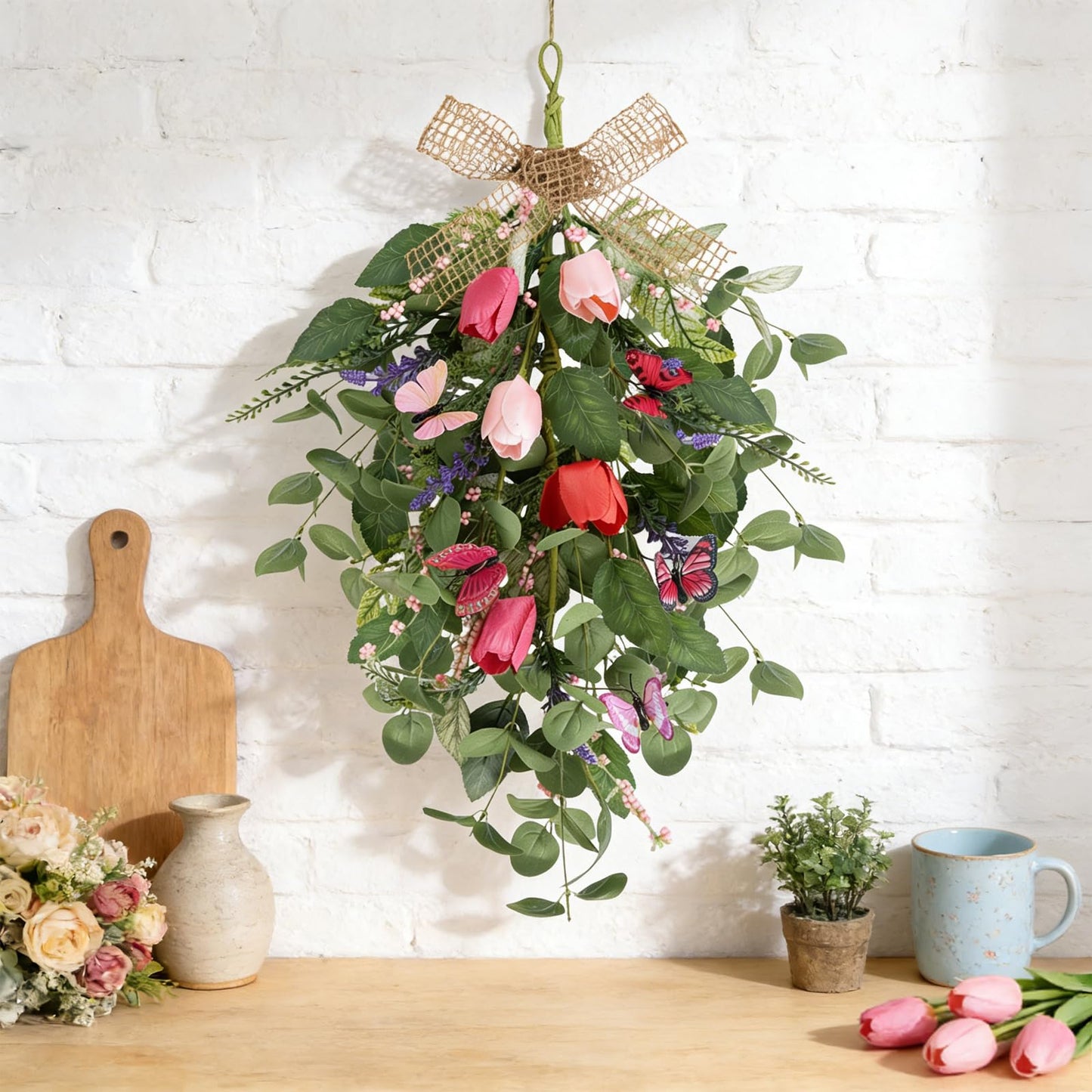 4 PCS Tulip Teardrop Swag 22" Spring Wreaths for Front Door with Purple Tassels Eucalyptus Leaves Ferns Butterflies for Indoor Outdoor Wall Festival Home Farmhouse Wedding Decor