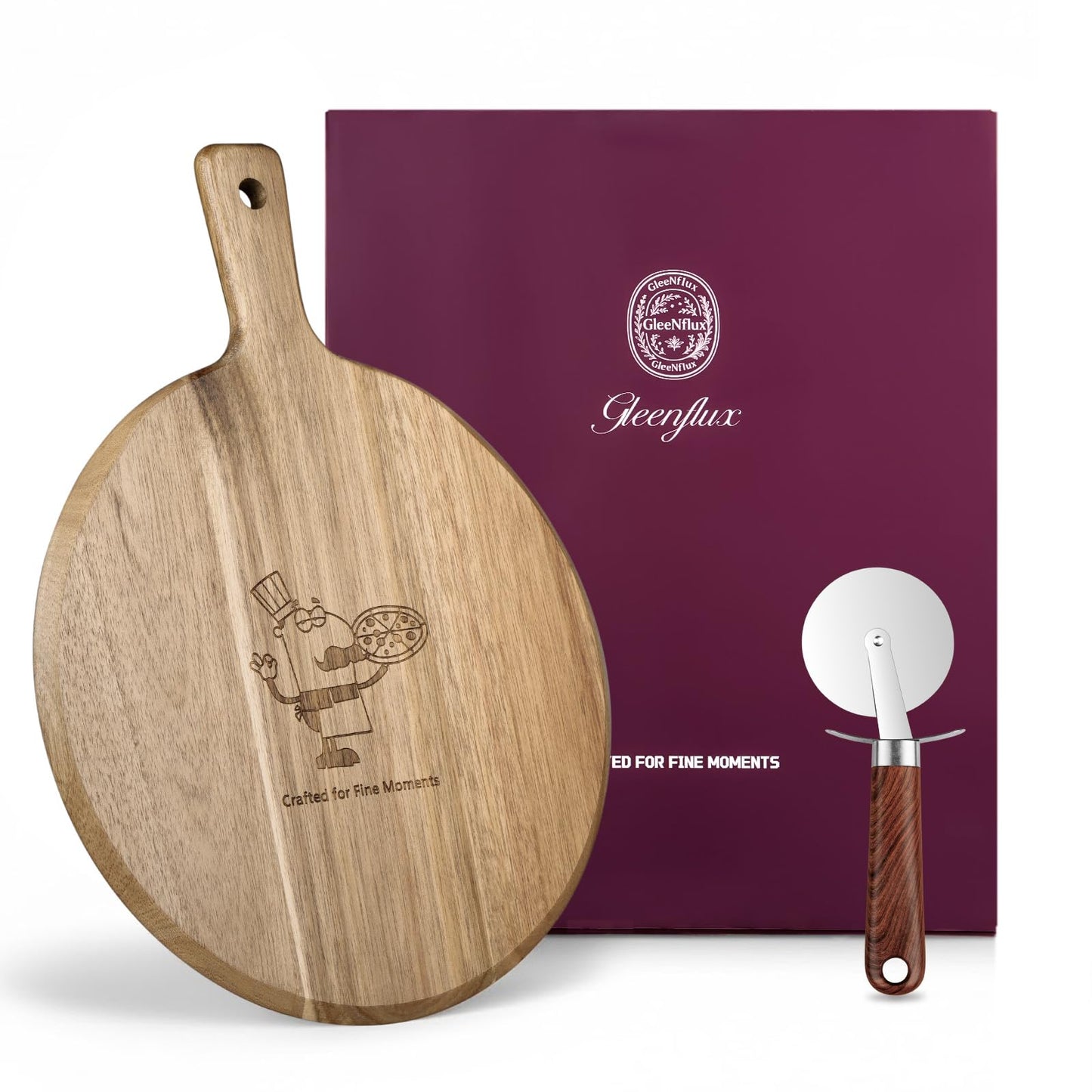 GleeNflux 12" Acacia Wood Pizza Board & Cutting Board Set with Pizza Cutter, Round Wooden Serving Tray/Charcuterie Platter for Cheese, Appetizers & Entertaining, Rustic Housewarming Gift