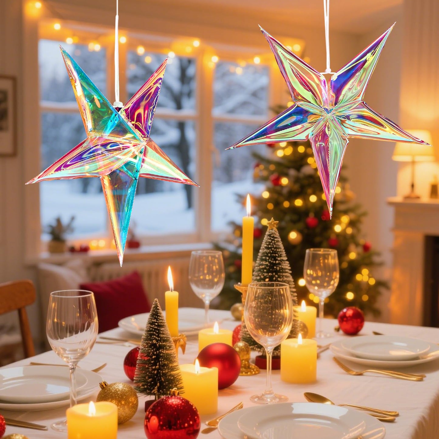 SUNBEAUTY 14 Inch 5 - Pointed Iridescent Christmas Lights Moravian Star 3D Christmas Party Decor Hanging for Wedding Birthday Showers Home Evening Party Window Decoration