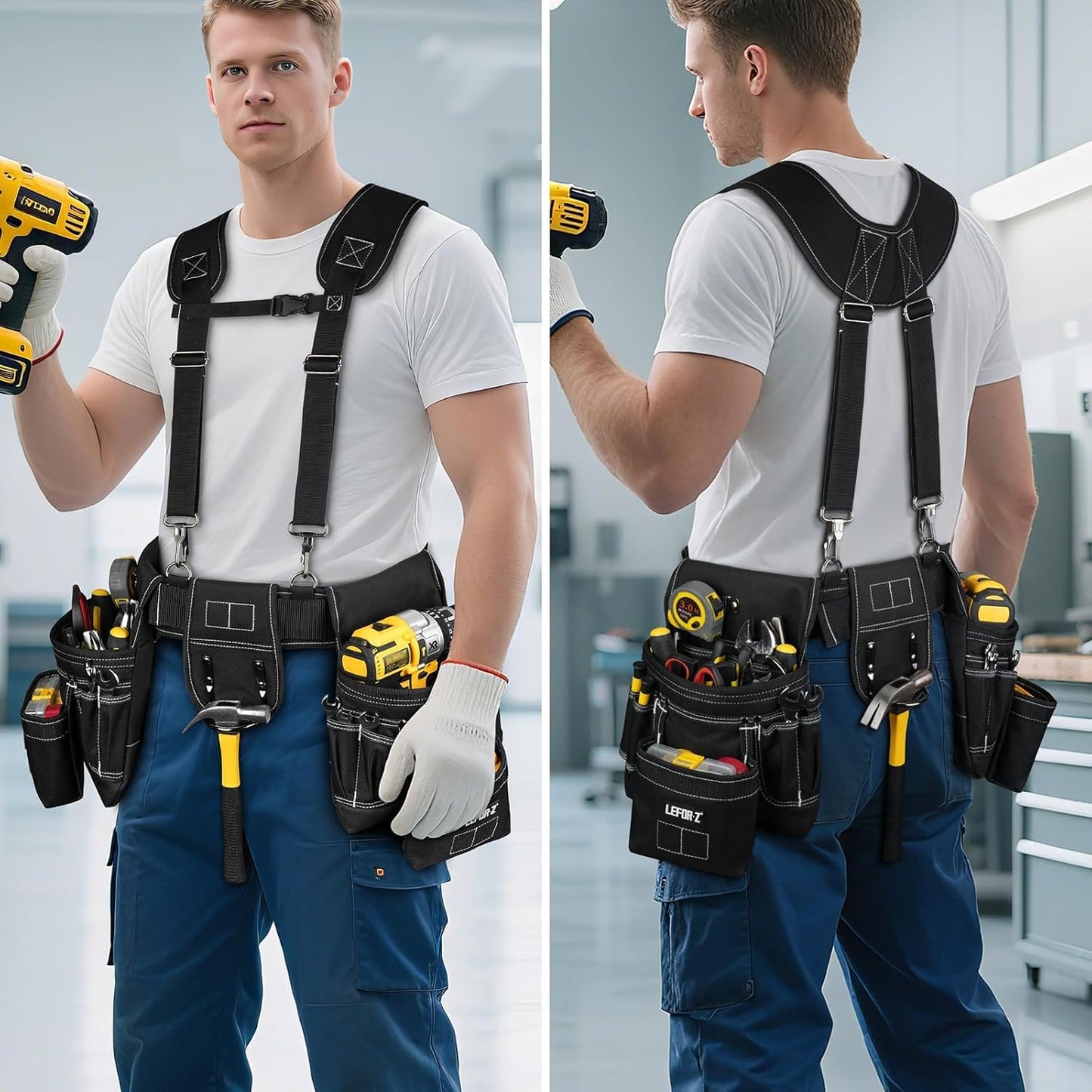 Tool Belt with Suspenders,27-Pockets Heavy Duty Tool Belts for Men with Magnetic Tool Pouch,Detachable & Adjustable Work Belt Bag for Electrician,Carpenter,Construction,Utility Toolbelt,Black