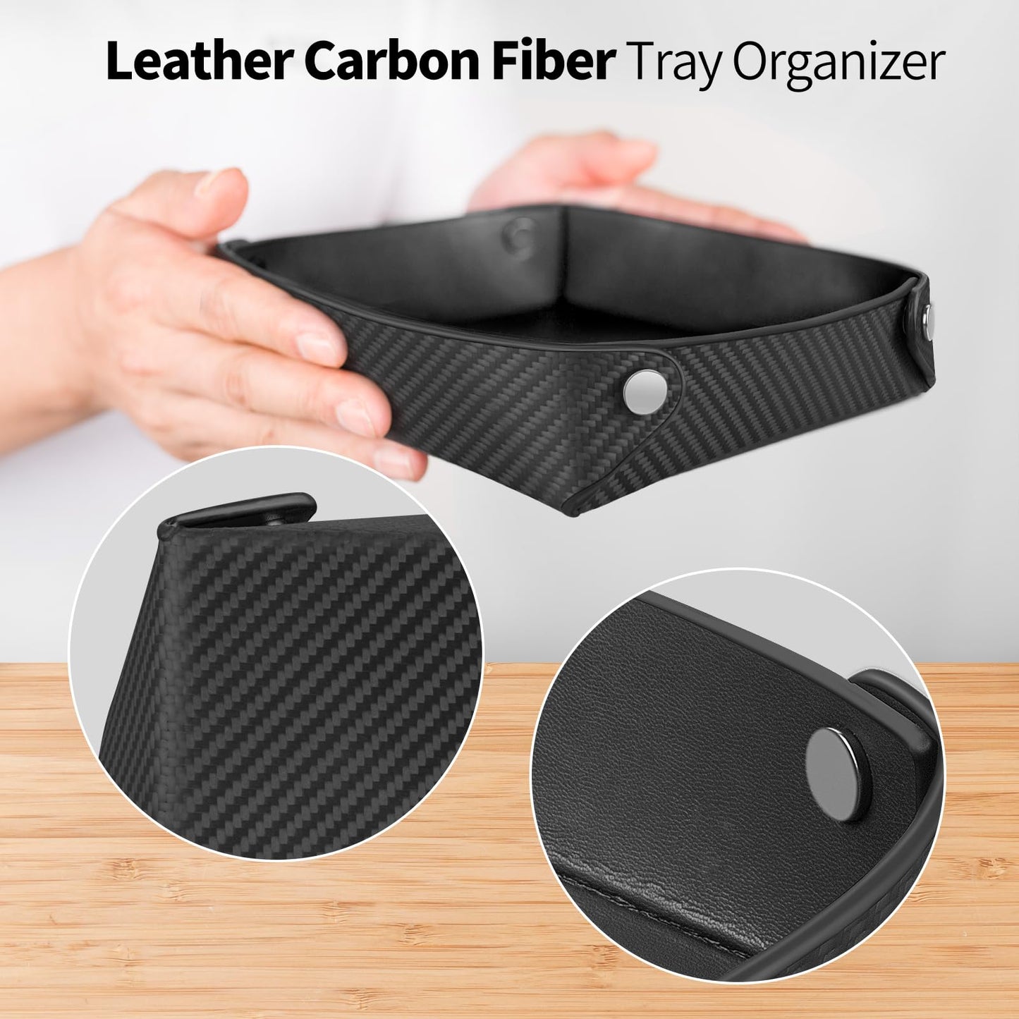 Leather Carbon Fiber Desktop Storage Tray, Decorative Catchall Organizer for Keys, Wallet, Watch, Jewelry, Entryway Table