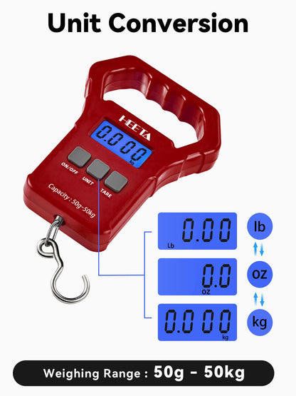 HEETA Fish Scale, 110lb/50kg Digital Portable Hanging Fishing Weight Scale with Backlit LCD Display, Luggage Scale with Non-Slip Large ABS Handle & 2 AAA Batteries, Fishing Gifts Gear for Men, Red