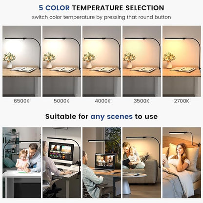 MYPLUS LED Desk Lamp with Hand Wave Sensor, 5 Color Temperatures 2700K-6500K, Touchless Dimming, 360° Adjustable Gooseneck, Clamp Table Lamp, 110V