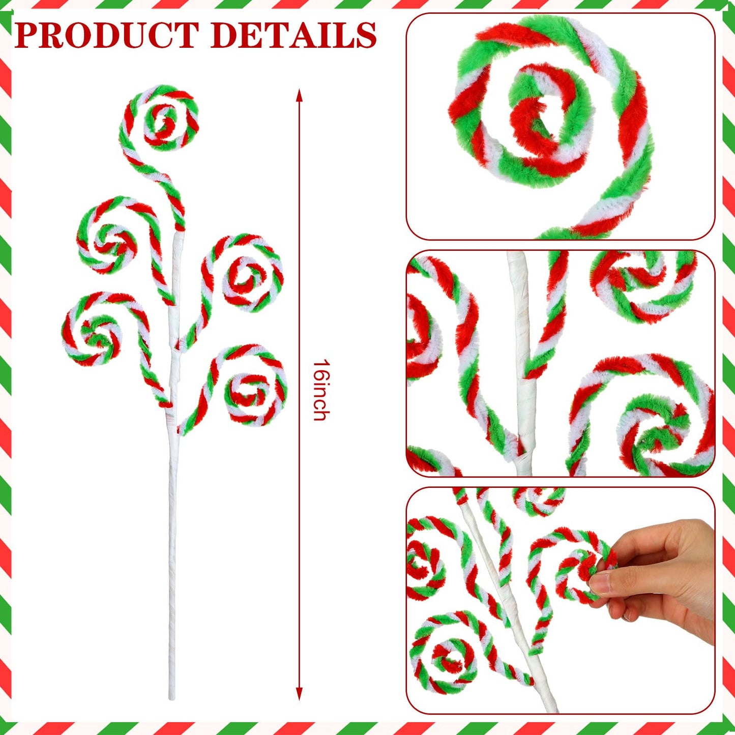 Gerrii 12 Pcs Red Green White Candy Cane Christmas Decoration 16" Tree Pick Peppermint Christmas Ornament Xmas Tree Topper Woolen Curly Lollipop Pick Spray for Holiday Party Vase Wreath Garland