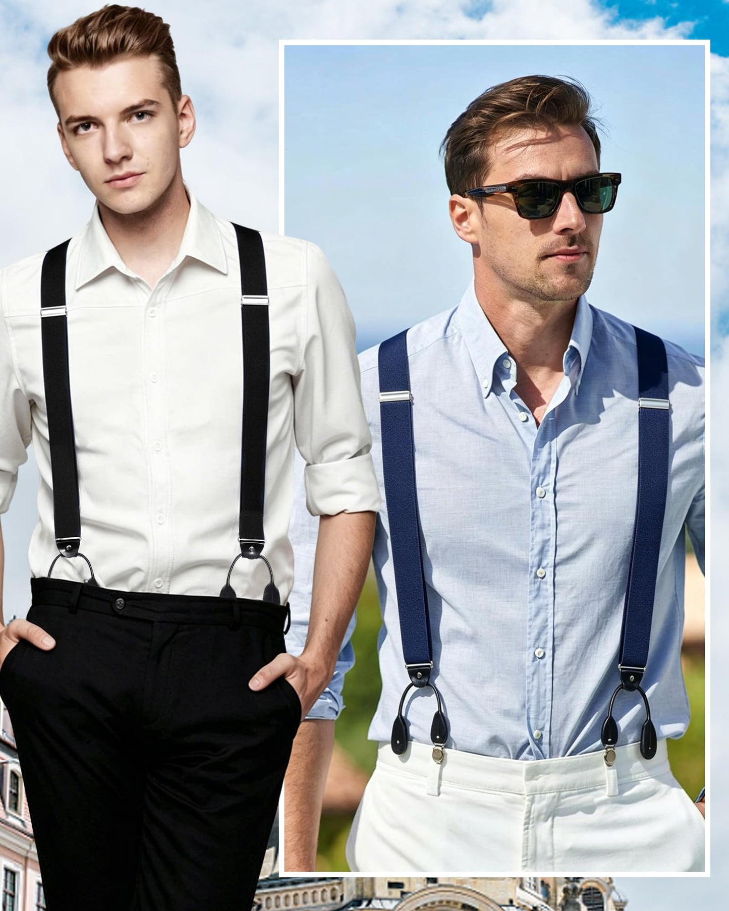 Kajeer Mens Adjustable Button End Suspenders - Y-Back Elastic Tuxedo Suspenders with Heavy Duty Leather Buttons End (Black)