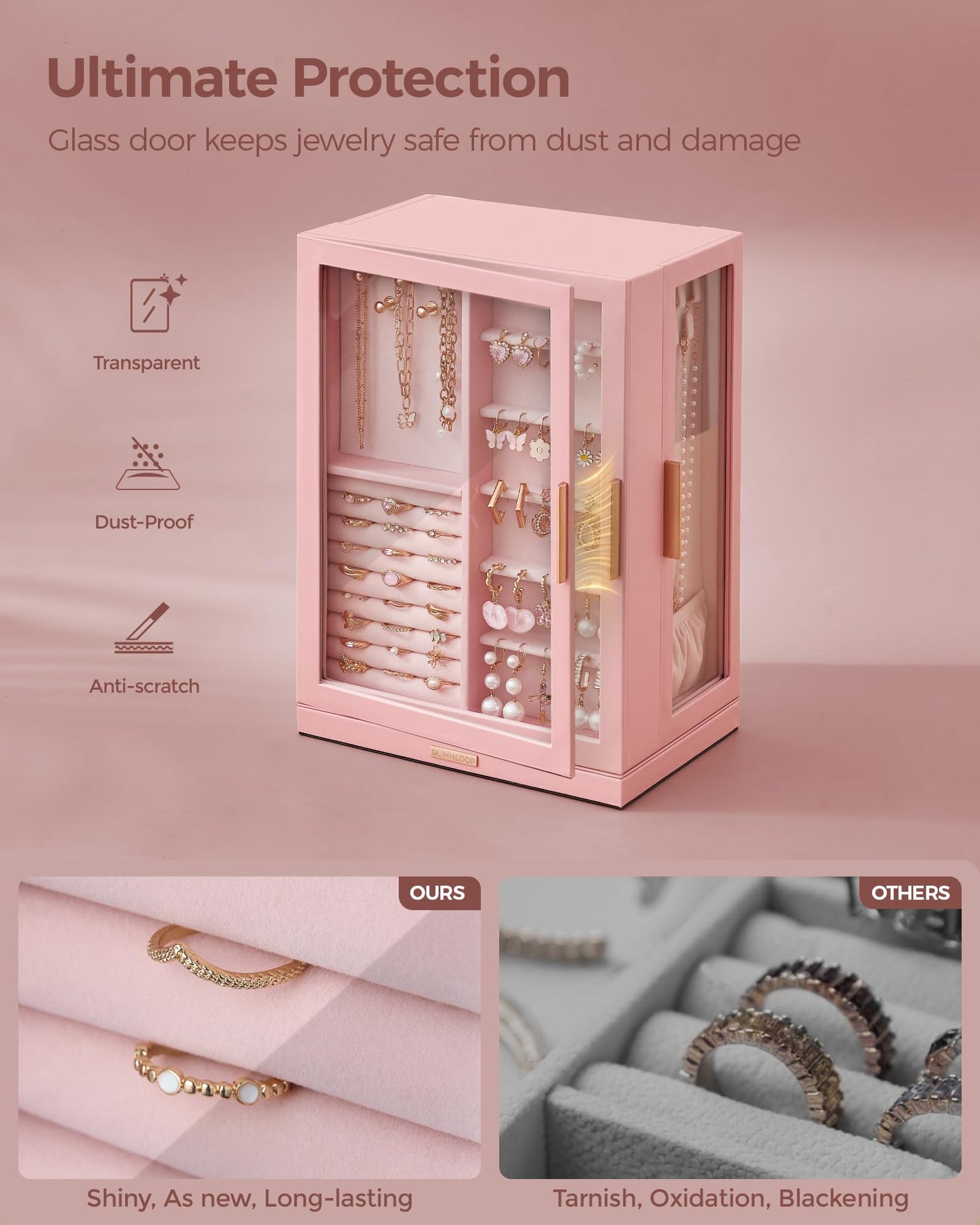 Glimmloop 360° Rotating Jewelry Box with 7 Drawers, Spacious Vertical Jewelry Organizer with Glass Window, Jewelry Storage Case, Dustproof & Moisture-resistant Design, Pink