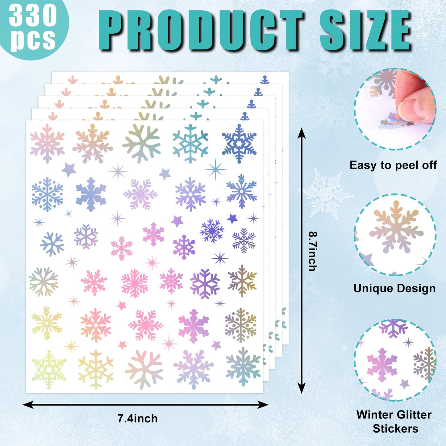 Whaline 330 Pcs Winter Christmas Stickers Holographic Snowflake Self-Adhesive Decals for Xmas Home Party DIY Crafts Supplies, 10 Sheets