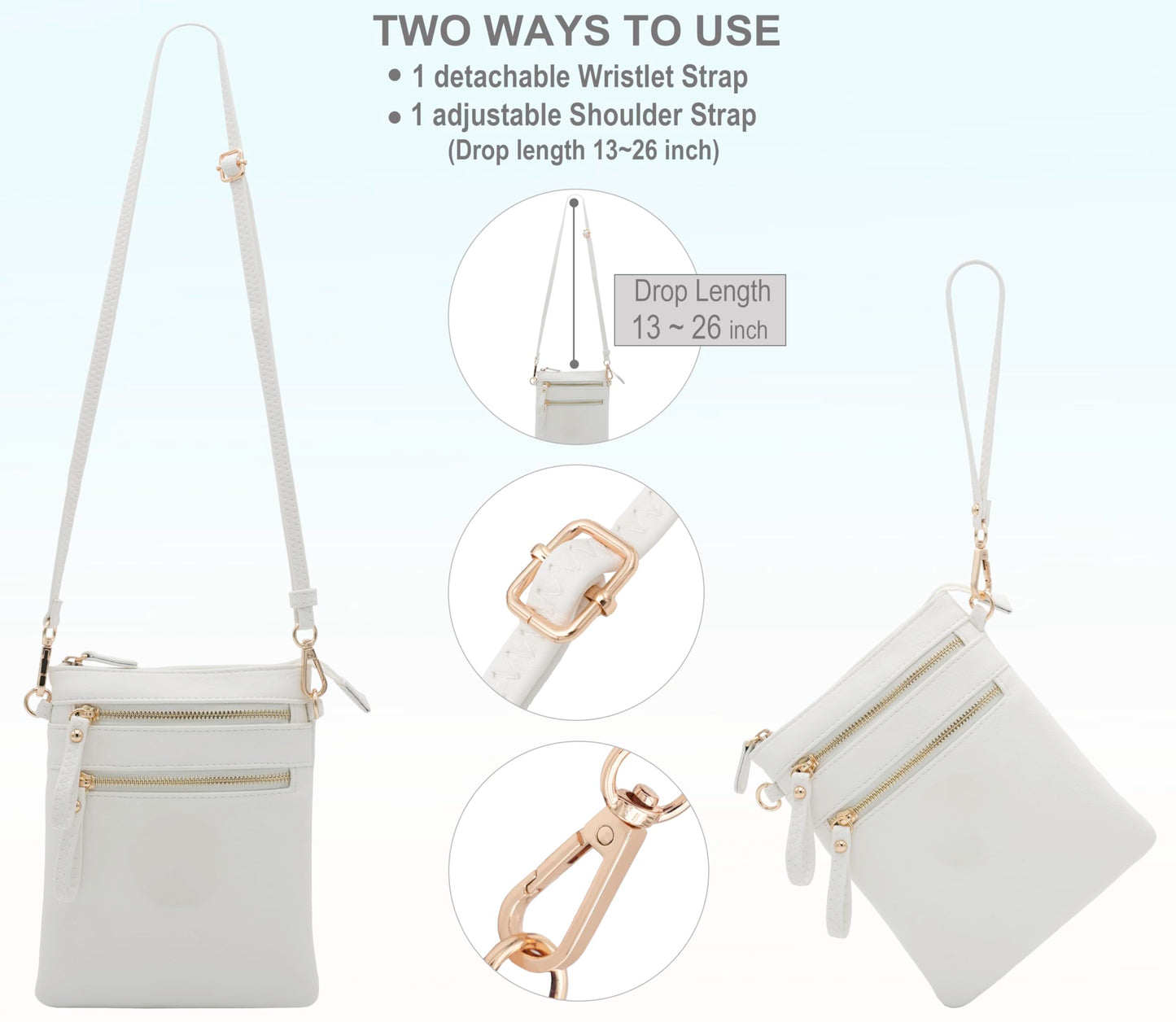 Solene Women's Faux Leather Organizer Multi Zipper Pockets Handbag With Detachable Wristlet Crossbody Bag-WU002(White)