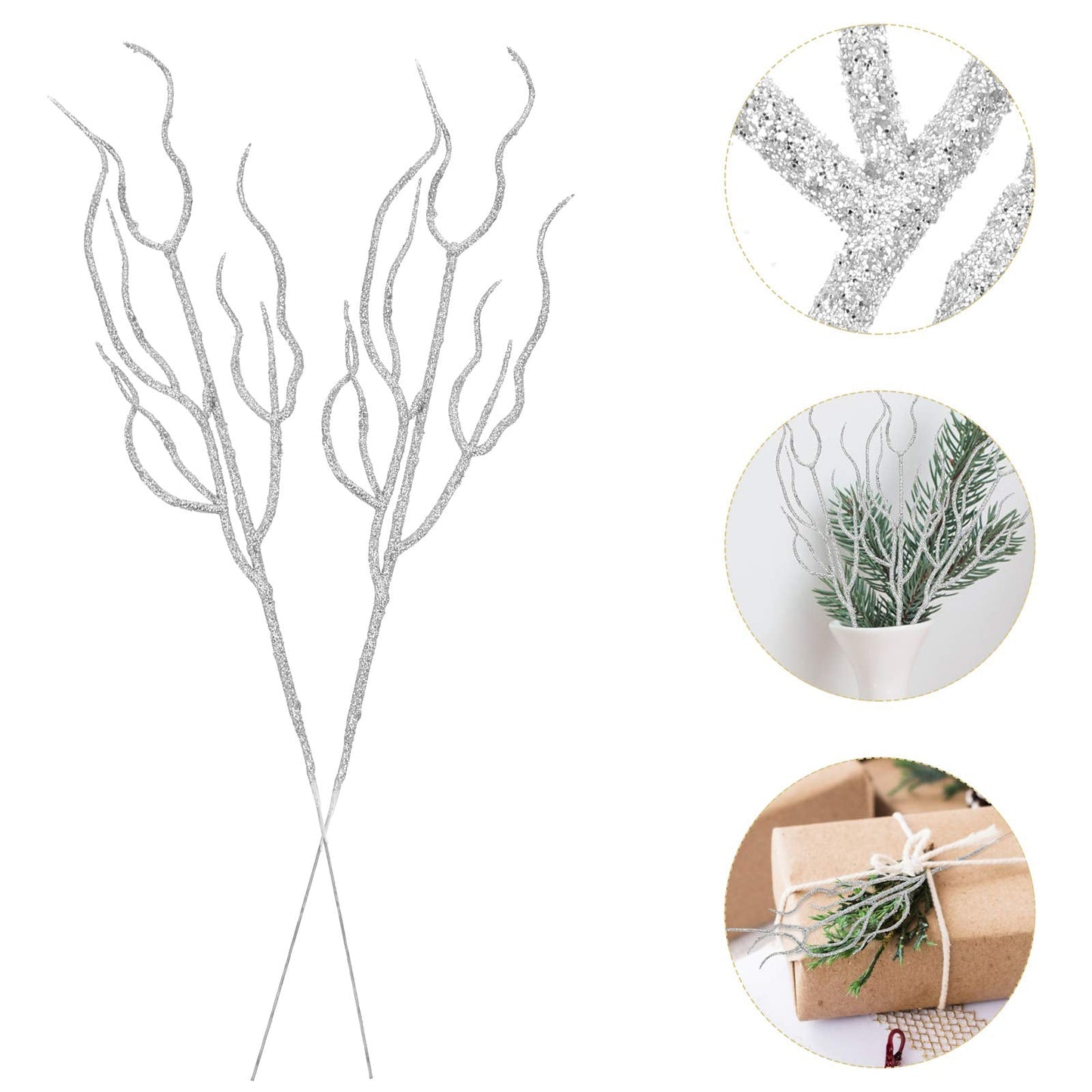 Ipetboom Glitter Christmas Leaves Picks - 10pcs Curly Tall Tree Filler Branches for Xmas Wreath Wedding Table Centerpiece Decorations - Christmas Tree Poinsettia Flower Stems Branches Picks (Silver)