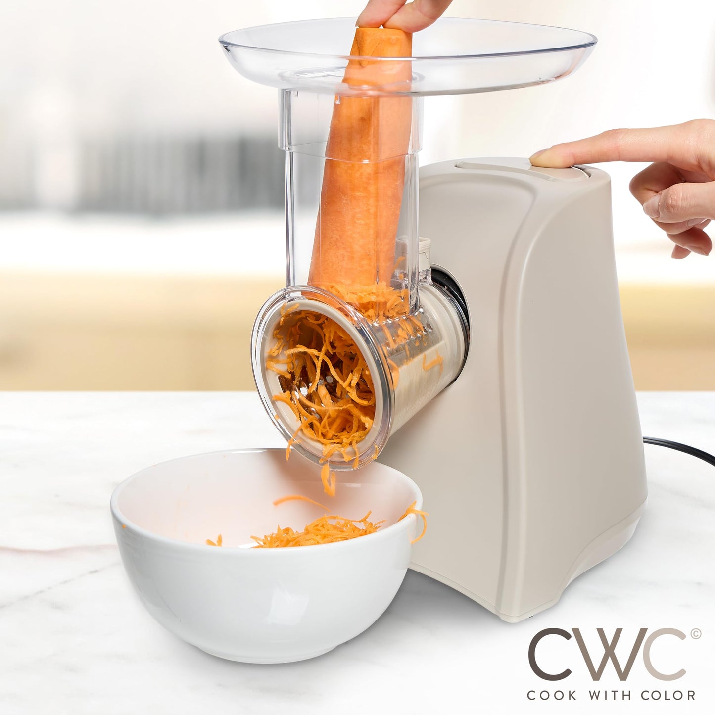 COOK WITH COLOR 5-in-1 Electric Slicer, 150W Food Prep Machine – Cheese Shredder, Fine & Coarse Graters, Potato Grater, Vegetable Slicer, Fruit, Salad Shooter, Compact Design For Bowl Prep, Blush
