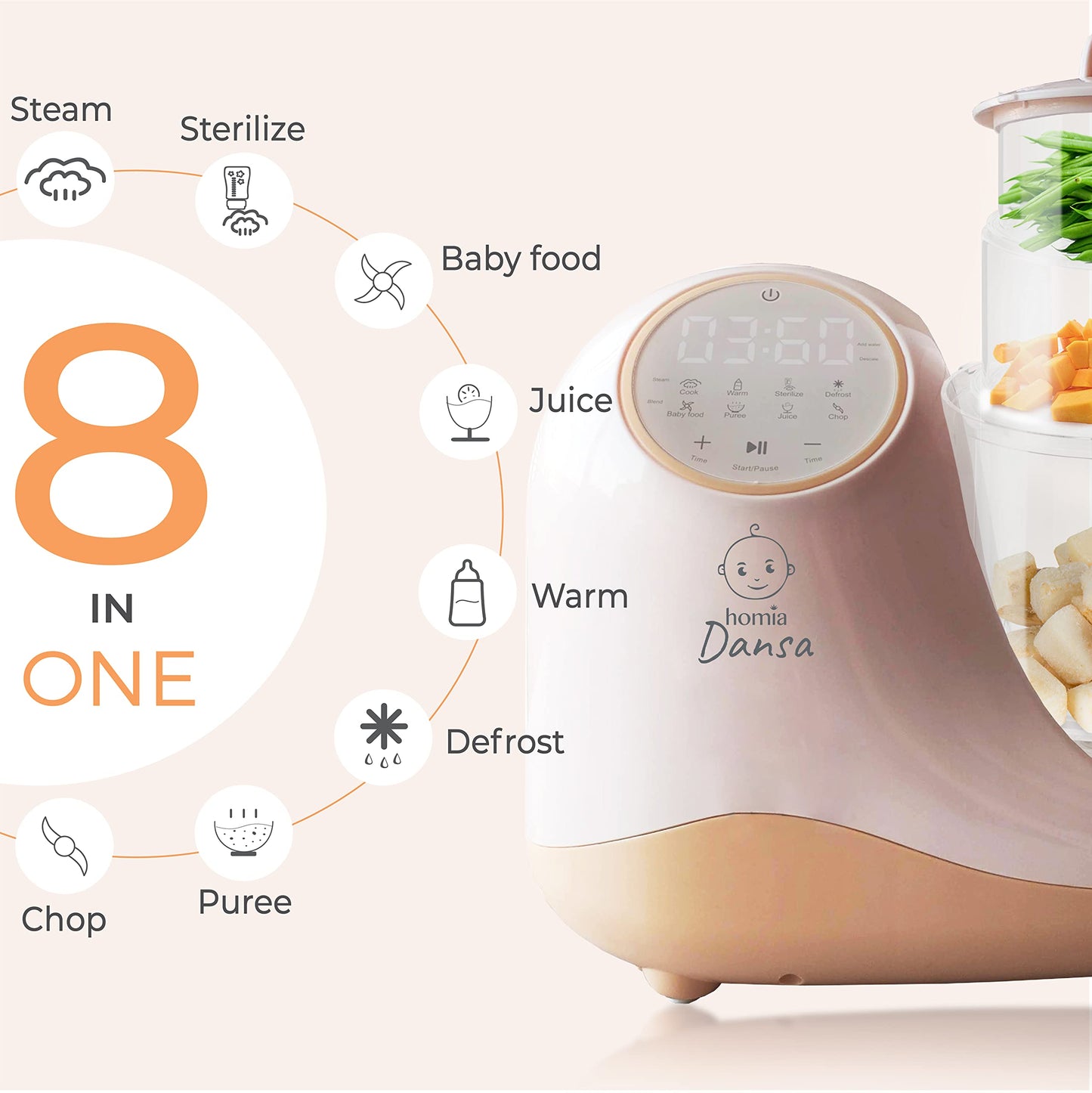 Baby Food Maker Chopper Grinder - Mills and Steamer 8 in 1 Processor for Toddlers - Steam, Blend, Chop, Disinfect, Clean, 20 Oz Tritan Stirring Cup, Touch Control Panel, Auto Shut-Off, 110V Only