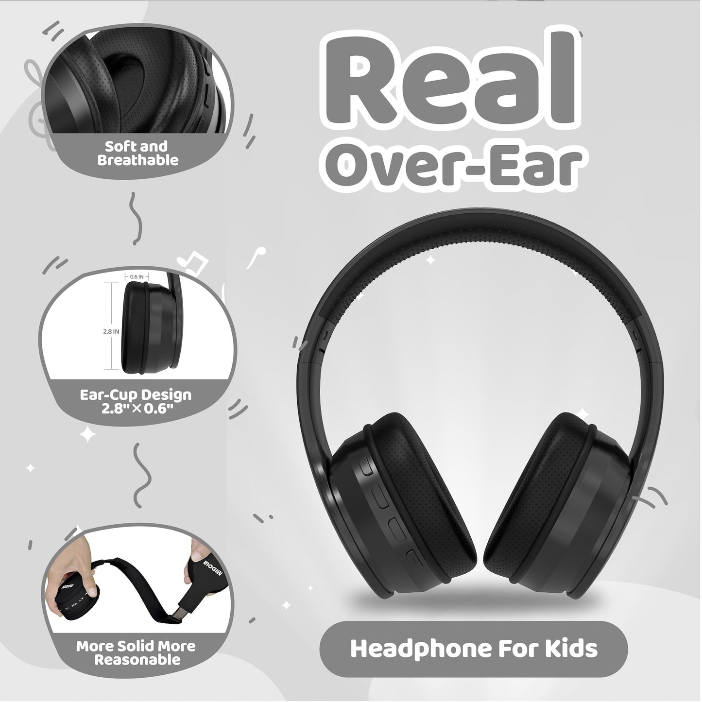 MIDOLA Kids Headphones Bluetooth 5.4 Wireless 68H Play Time Volume Limit 85/94dB Over-Ear Foldable Headset,Type-C Fast Charging,with Wired Aux Mic for Toddler Child Pad Tablet Black