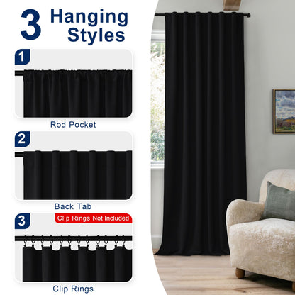 Hiasan Black Blackout Curtains for Bedroom 72 inches Long Rod Pocket Thermal Blackout Curtains Noise Blocking with Tiebacks Halloween Drapes for Living Room,52" x 72",Set of 2